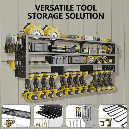 Large Power Tool Organizer Wall Mount, 4 Layer 49" W Heavy Duty Metal Tool Storage Rack with 12 Drill Holder, Utility Racks for Garage Workshop, Ideal Garage Organization Gifts for Men