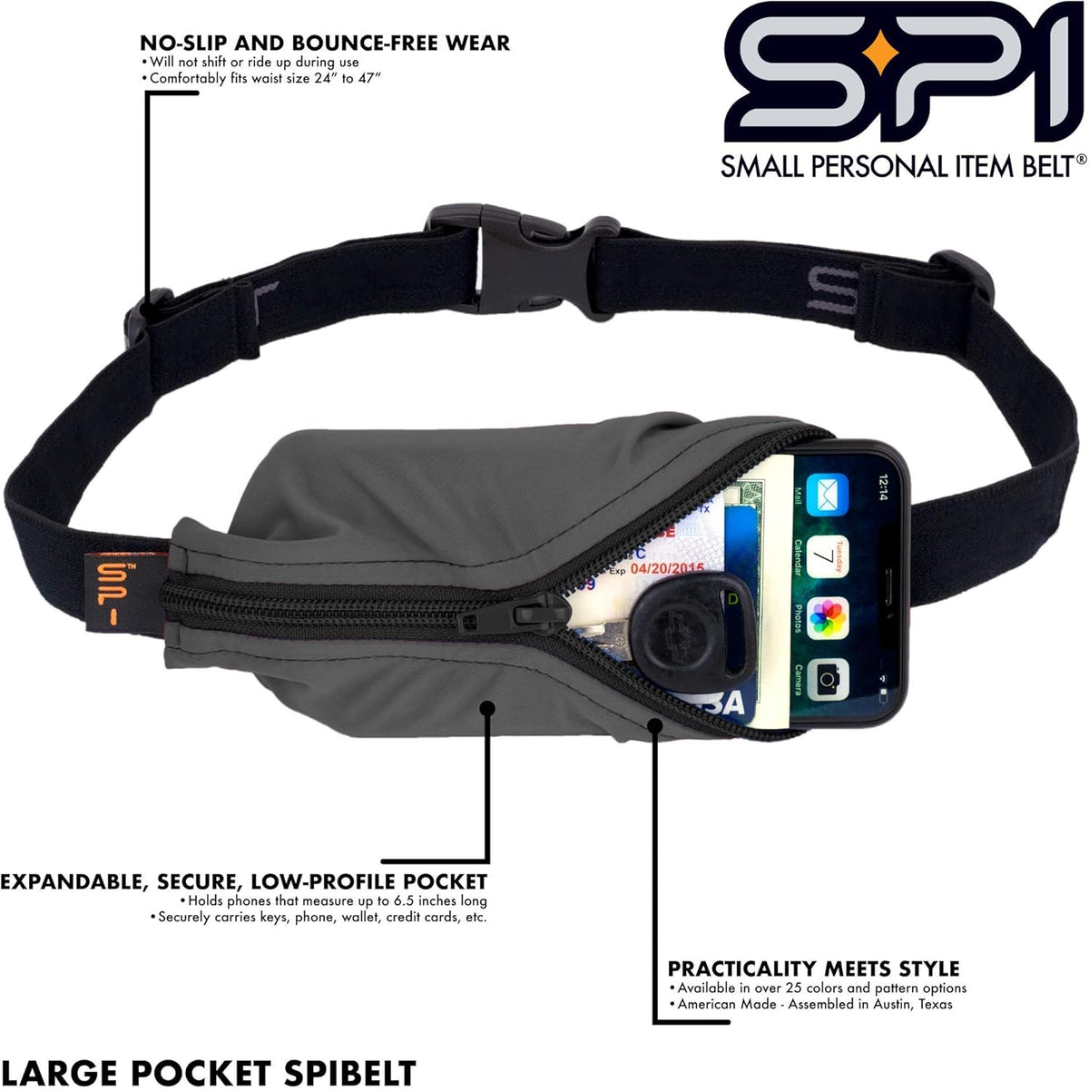 SPIbelt Running Belt for Women Men, Phone Holder for Running, Running Fanny Pack, Holder for Phone, Running Waist Pack, Adjustable Waist, [Fits All Phones]. Black with Hot Pink Zipper