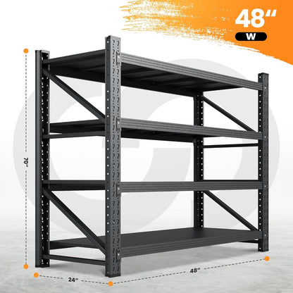3000LBS Metal Storage Shelves, 48” W Heavy Duty Garage Shelving Units, 4 Tier Storage rack shelf, Steel Industrial Shelving , Adjustable Standing Shelf for Basement/Warehouse 48"W x 24"D x 70"H, Black