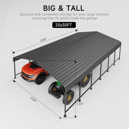 20x30 FT Metal Carport, Enhanced Base and Steel Roof for All-Weather Use, Outdoor Heavy Duty Garage Galvanized Car Shelter for Bass Boats, Full-Sized Pickup Trucks, and Tractors