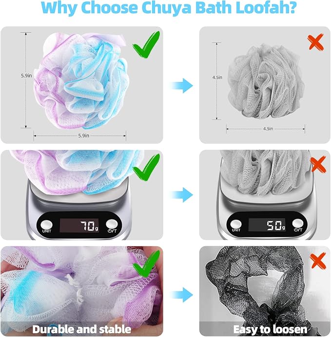 Chuya Bath Sponges Loofahs 70 Grams Large Size,4 Pack Shower Sponge Exfoliating Cleaning Bath Loofa Body Scrubber Balls for Women Men Children Washing