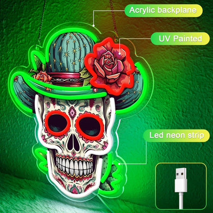 Day of the Dead Neon Sign - Mexican Sugar Skull LED Neon Light for Home & Bar Decor,UV Printed Art with Flexible LED Strip,Halloween & Día de Muertos Party Decoration（green)