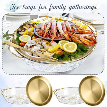 Baderke 6 Sets 11.8" Chilled Serving Tray for Parties Round Iced Platter with Ice Underneath Stainless Steel Clip Fruit Fork Shrimp Cocktail Serving Dish for Oysters Crawfish Fruits (Gold)