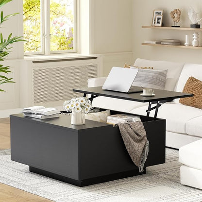 FABATO Lift Top Coffee Table, Wood Square Coffee Table with Storage, Farmhouse Coffee Tables with Hidden Storage Compartment, Center Table with Lifting Tabletop for Living Room, Home Office, Black