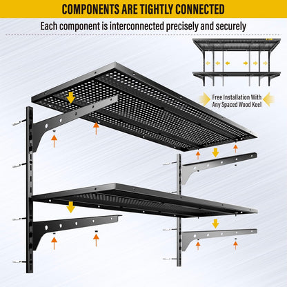 2 Tier 1.3x3ft Garage Shelving Wall Mounted, 400 lbs Load Capacity,15.6x36inch per Shelf Height Cassette Adjustable Floating Shelves(Black)