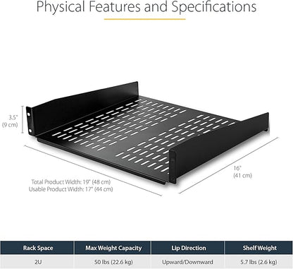 StarTech.com 2U Server Rack Shelf - Universal Vented Rack Mount Cantilever Tray for 19" Network Equipment Rack & Cabinet - Heavy Duty Steel - Weight Capacity 50lb/23kg - 16" Deep Shelf, TAA