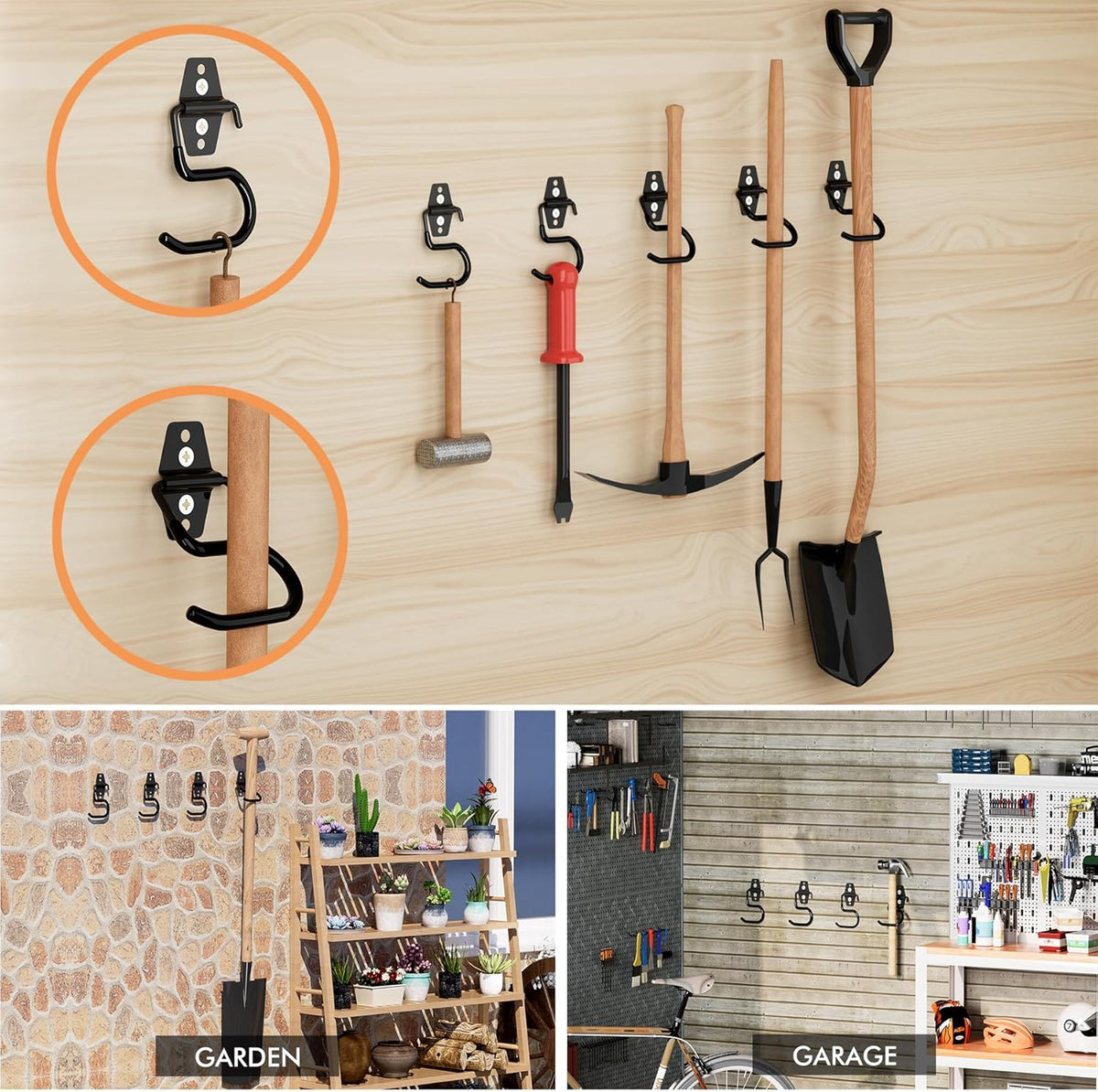 LIGHT DUST Broom Holder Wall Mount - 6 Pack Tool Hangers Garage Wall Hanging Organizer - Heavy Duty Metal Large S Hooks for Mop Shovel Rake Shed Garden Lawn Yard Handle Tools Organization (Black)