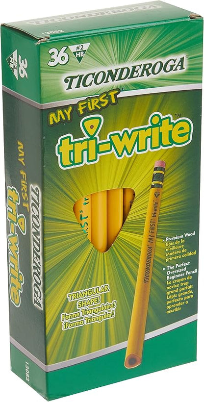 Ticonderoga® Tri-Write Beginners' Pencils With Erasers, #2 Soft, Yellow Barrel, Pack Of 36 & My First Tri-Write Wood-Cased Pencils, Neon Colors, 12 Count (X13012)