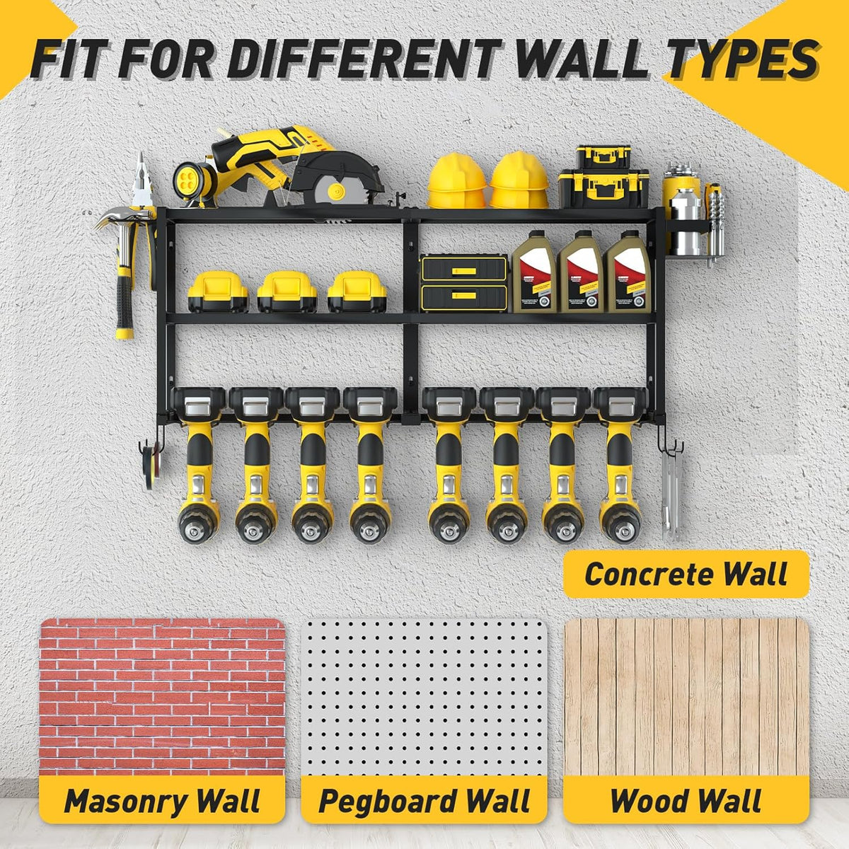 Large Power Tool Organizer Wall Mount for Fathers Dad, 3 Extra Large Layers Heavy Duty Metal Garage Organization Loads 300lbs with 8 Cordless Drill Holder, Power Tool Shelf for Workshop, Utility Racks