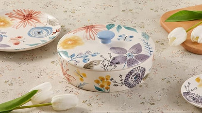 Bico Blossom Symphony Ceramic Tortilla Warmer, 8.9 Inch Tortilla Holder with Lid for Taco Bread Pancake for Mexican Night and Party, Microwave and Dishwasher Safe