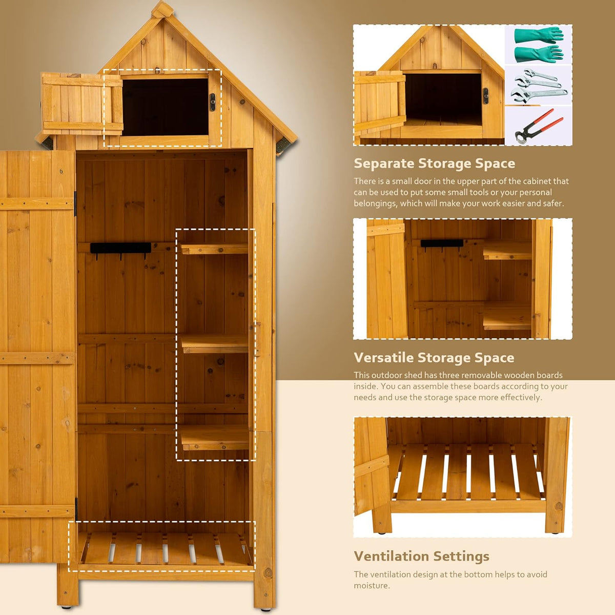 30.3" L X 21.3" W X 70.5" H Outdoor Storage Shed with Waterproof Roof, Solid Fir Wood Frame, and 3 Compartments for Garden Tools, Mower, and Hose,Natural Wood
