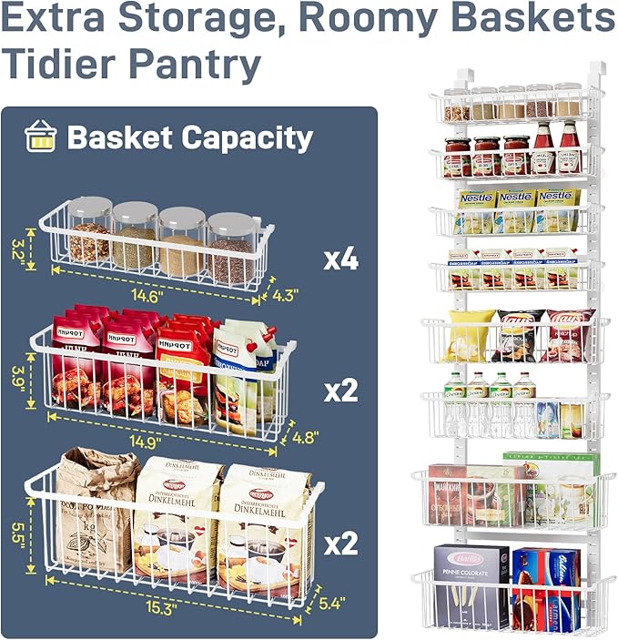 Over The Door Pantry Organizer, 8-Tier Over The Door Organizer with Adjustable Baskets, Metal Hanging Spice Rack for Pantry Organizers and Storage, Suitable for Kitchen Laundry Room & Bathroom, White