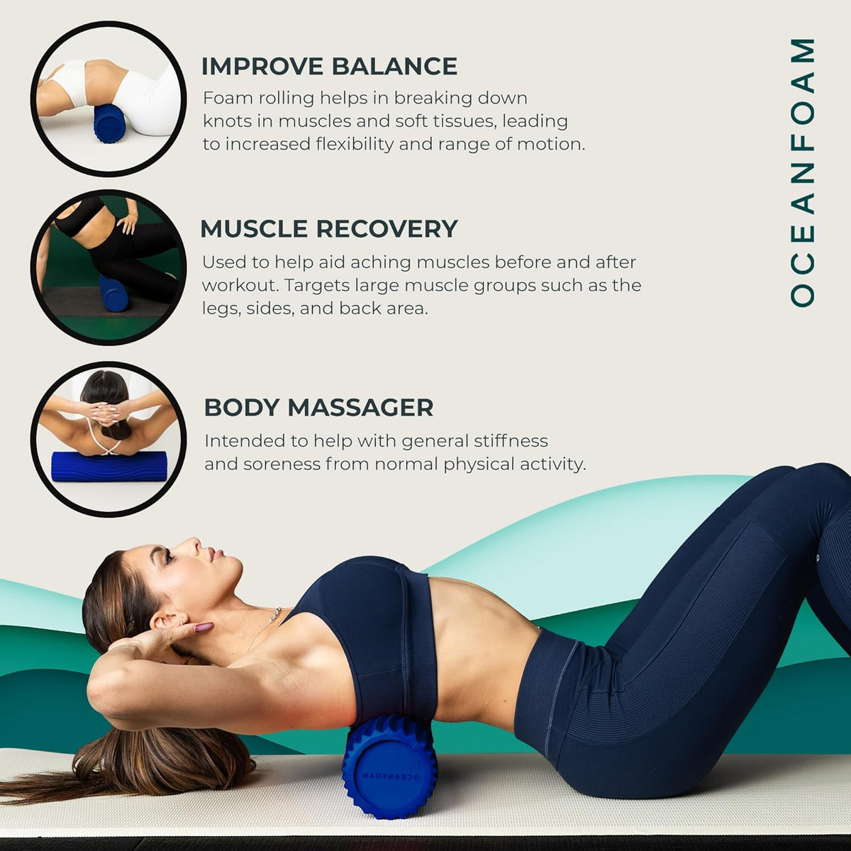 Oceanfoam Tidal Roller - Royal Blue - Muscle Massage Foam Roller for Back Pain & Stretching - Firm and Ergonomic Wide Wave Textured - Yoga, Athletics, & Wellness - Full Size, 20" x 5"