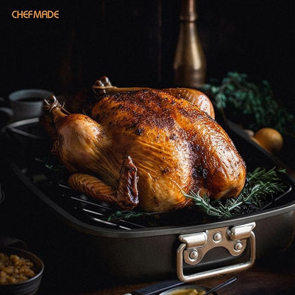 CHEFMADE Roasting Pan, 17-Inch Non-Stick Turkey Roaster Lasagna Pan with V Rack - Rectangular Deep Dish Chicken Roaster-BBQ Pan for Turkey 14.1" x 17.1" x 3.3"(Black)