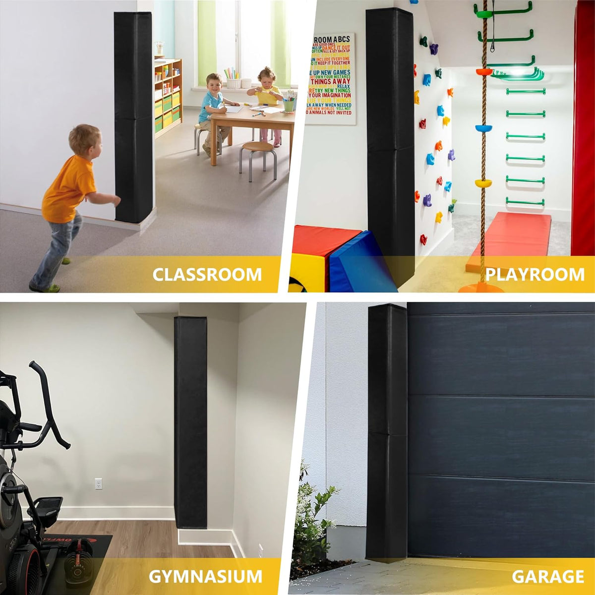 Wall Corner Guards & Edge Protector, Heavy Duty Wall Corner Protective Safety Padding, All-Weather 2 Sides Corner Pad for Gyms, Basketball Court, Playrooms, Garages,etc. (Black, 6FT Tall 6in Sides)