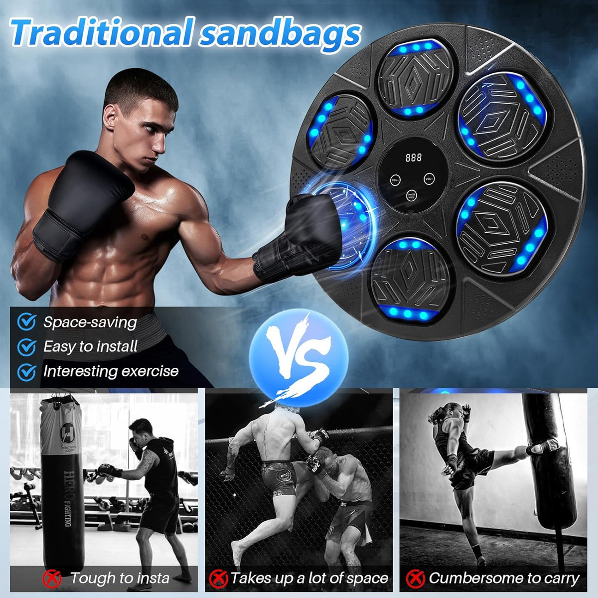 Music Boxing Machine, Bluetooth Music Punching Machine with Gloves, Electronic LED Boxing Training Equipment Wall Mounted, 9 Modes & 9 Speeds, Boxing Target for Home, Office, Gym