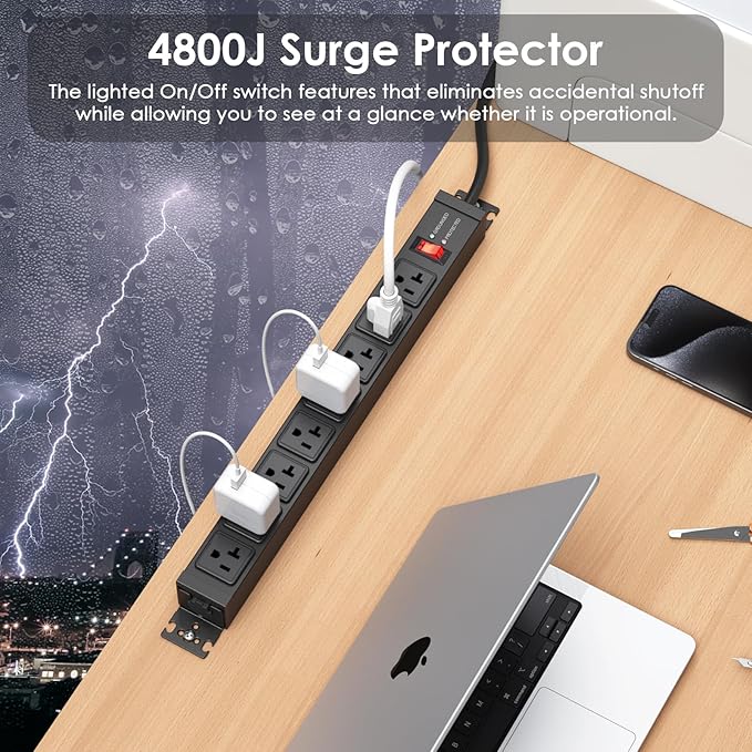 JUNNUJ 20 Amp Power Strip Surge Protector 4800J, Heavy Duty 8 Outlet Metal Multi Angle Mount, 20A Garage Power Strip Shop 6-20R T-Slot, 5-15P Plug 12 Gauge Extension Cord 15ft for Appliance
