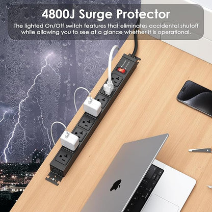JUNNUJ 20 Amp Power Strip Surge Protector 4800J, Heavy Duty 8 Outlet Metal Multi Angle Mount, 20A Garage Power Strip Shop 6-20R T-Slot, 5-15P Plug 12 Gauge Extension Cord 15ft for Appliance