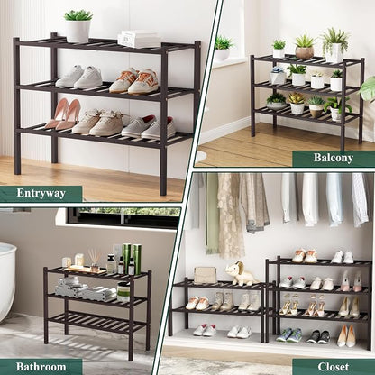 Smiry Small Bamboo Shoe Rack, 6 Tier Free Standing Wooden Shoe Organizer, Stackable Wood Shoe Storage Shelf for Closet, Entryway, 12 Vertical Slats, 2+2+2 Stack Standard Legs, 17.3"x11"x39", Brown