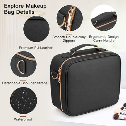 Travel Makeup Bag with LED Mirror, Cosmetic Bags for Women with Light up Mirror, Travel Essentials Makeup Organizer, Makeup Case with Adjustable Dividers and Brush Holder, 3 Color Lights