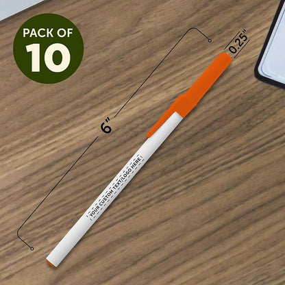 DISCOUNT PROMOS Custom Value Stick Pens Set of 10, Personalized Bulk Pack - Blue Ink, Great for Office, School, Business, Tradeshows, Events - Orange Cap