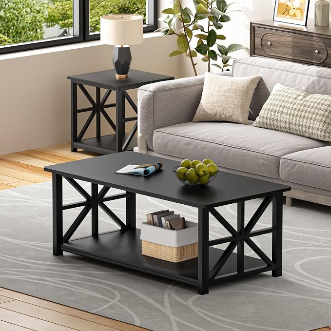 GreenForest Coffee Table with Round Corner, Farmhouse Center Table with 2-Tier Storage Shelf X-Frame Design for Living Room, 39 inch Black