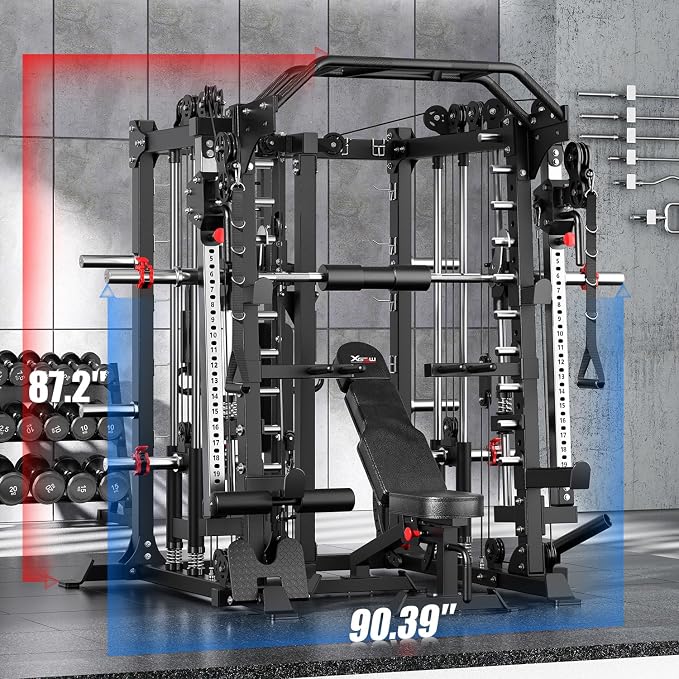 Smith Machine，Multi-Function Squat Rack Power Cage with Cable Crossover System,with Optional Weight Bench, Olympic Barbell Weight Set, for Home Gym