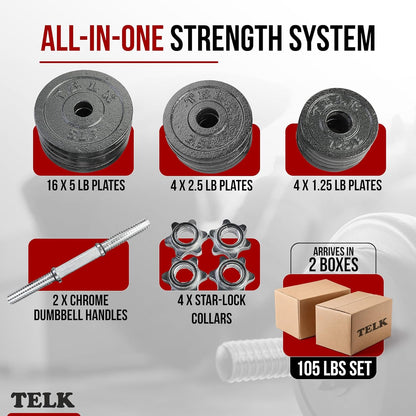 TELK – Adjustable Dumbbell Set – Home Gym Weight Set with Baked Enamel Cast Iron Plates – Space-Saving Free Weights for Strength Training