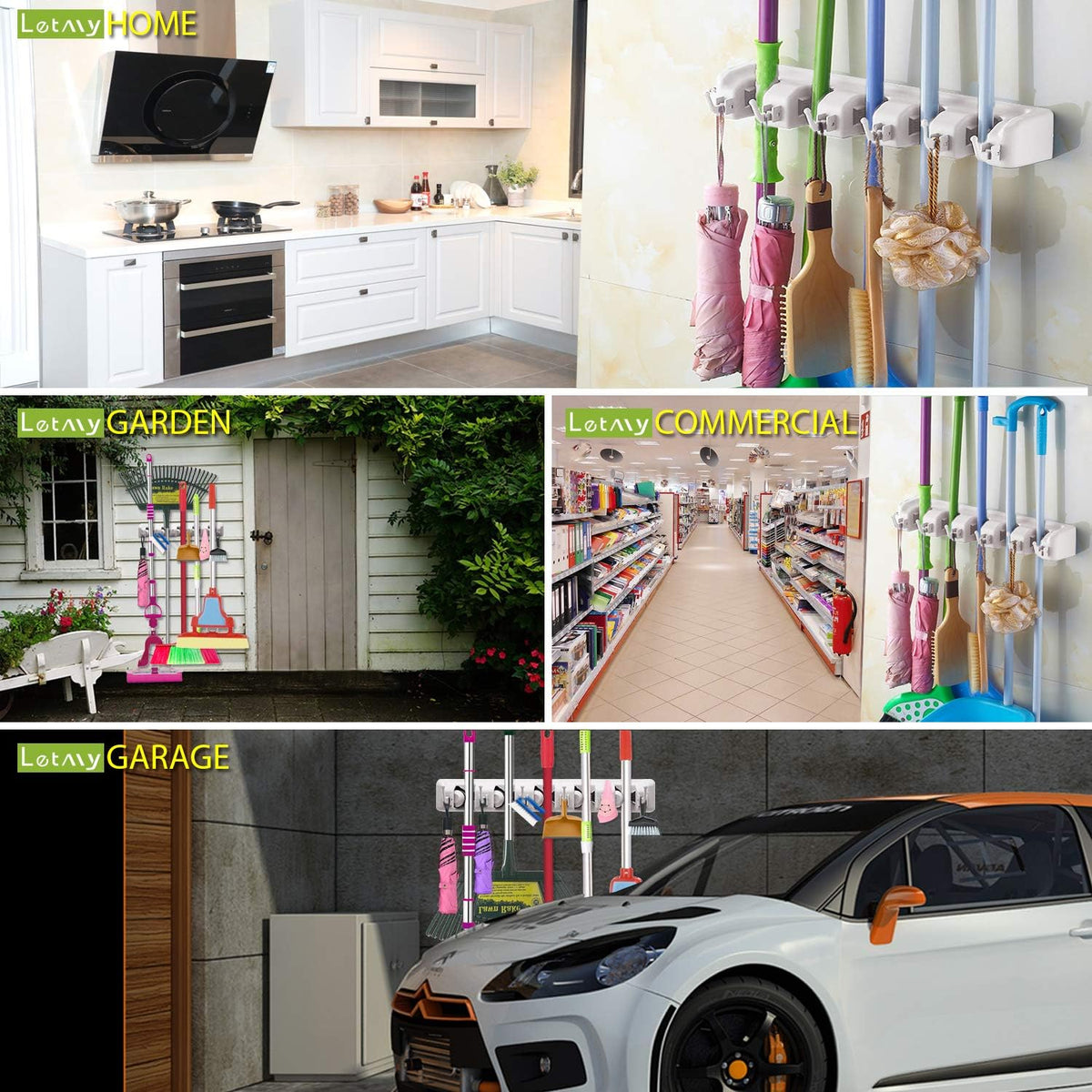 LETMY Broom Holder Wall Mount - Mop and Broom Hanger Holder - Garage Storage Rack & Garden Tool Organizer - 5 Position 6 Hooks Broom Rack for Home, kitchen, Garden, Tools, Garage Organization - White