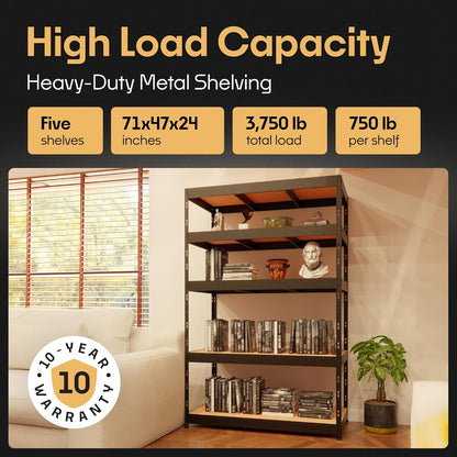 Storage Shelves: 5 Storage Shelves Heavy Duty w/ 3,750 lb Total Load Capacity, 750 per Storage Shelf, 71x47x24 | Perfect Solution for Your Storage Needs, Adjustable Shelving Unit