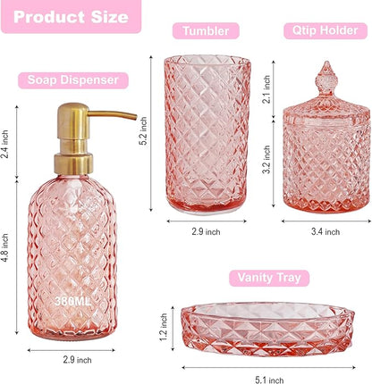 Pink Bathroom Accessories Set, 4Pcs Clear Glass Bathroom Sets Accessories, Lotion Soap Dispenser, Toothbrush Holder Set, Soap Dish, Qtip Holder for Vintage Christmas Bath Decor, Gift Set