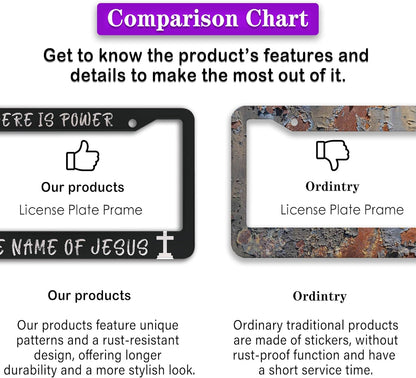 License Plate Frames Black and White License Plate Holder There is Power in The Name of Jesus Universal Aluminum Car Accessory 2 Pack with Screw Covers Set
