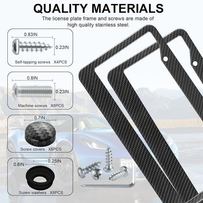 LivTee Carbon Fiber License Plate Frames, 2PCS Car License Plate Holder, 2 Holes Stainless Steel License Plate Covers, Automotive Exterior Accessories, Slim Design with Gasket Cover for US Cars