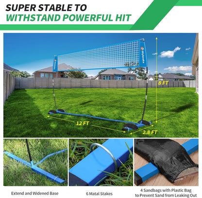 12ft/14ft Portable Volleyball Training Practice Net Set 5 Heights Adjustable for Indoor Outdoor with Tetoron Net, Freestanding Base, PU Volleyball, Carry Bag, Sandbags - Instant Set Up