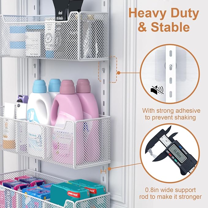VyGrow Over The Door Organizer, Metal Door Organizer Hanging with 5 Adjustable Baskets and Coat Hook, Behind The Door Storage for Bedroom Closet Bathroom Pantry Cabinet Kitchen, White