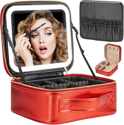 Makeup Travel Train Case with Mirror LED Light 3 Adjustable Brightness Large Cosmetic Bag Portable Storage Adjustable Partition Waterproof Brushes Make up Jewelry Gift for Women