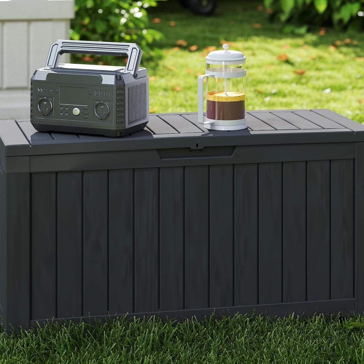 90 Gallon Lockable Resin Deck Box with Wheels, Waterproof & UV-Resistant Outdoor Storage Box for Outdoor Cushion Storage, Garden Tools & Pool Accessories Storage, Black