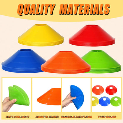 Disc Cones for Sports Training, 25/50 Pack Agility Soccer Cones with Carry Bag and Holder, Soccer, Football, Basketball, Coaching, Practice Equipment, 5 Color