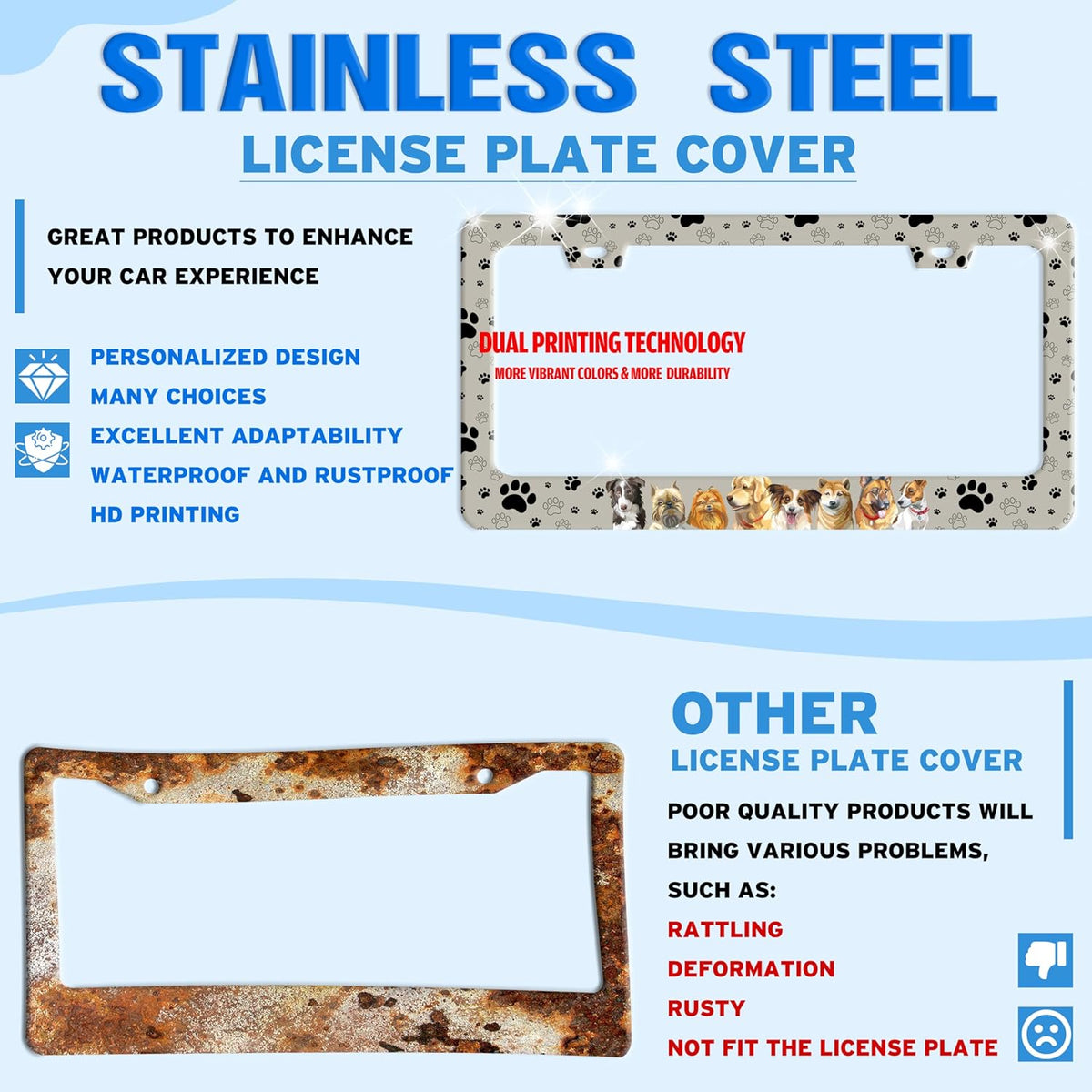 Dog License Plate Frame Pet Paw Prints Stainless Steel License Plate Holder for Front or Rear Car Tags Funny for Car Decoration Accessories with Screws 6.3 X 12.2 in for Women Men