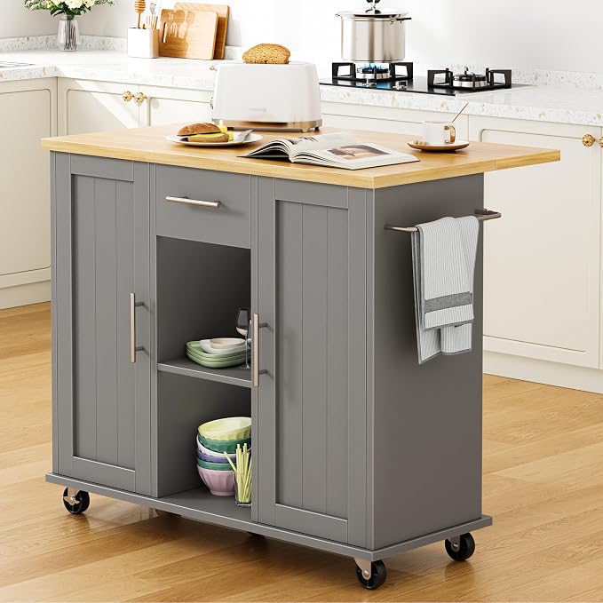Shintenchi Kitchen Island with Storage, Bar Cart Cabinet Island Table on Wheels, Rolling Microwave Cart for Kitchen with Drop Leaf, Drawers, Towel Rack, Seating Area for Dining Room, Gray