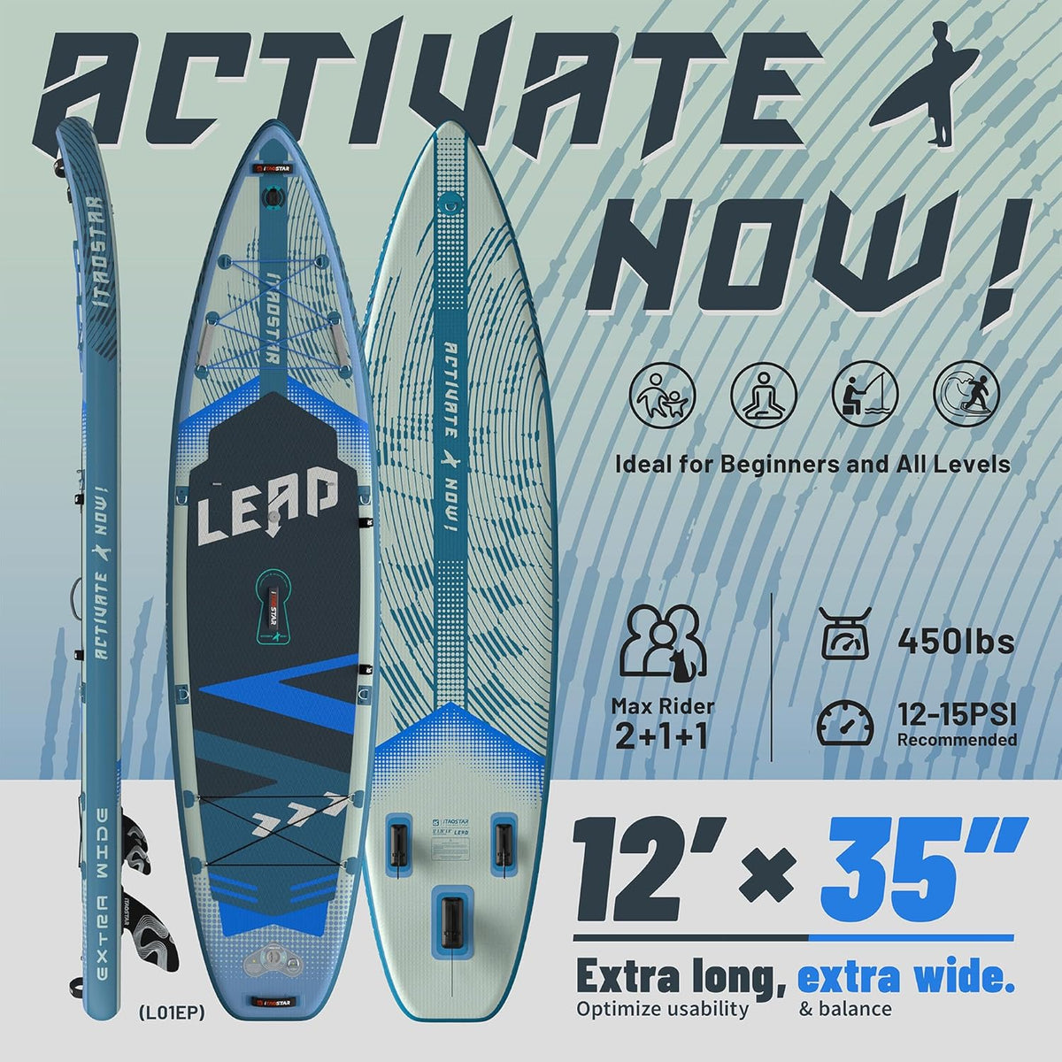 Lead 11‘ x 33" / 12’×35" Inflatable Stand Up Paddle Board - Premium SUP Board Kit - Ultra Stable Paddleboard for Adults & Youth - All Skill Levels - for Lakes, Oceans