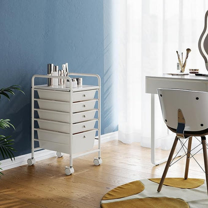 6-Tier Rolling Cart with 5 Drawers, Rolling Utility Cart with 2 Lockable Caster Wheels, Multipurpose Mobile Rolling Storage Drawer Cart for Office Bathroom Kitchen, Ivory White