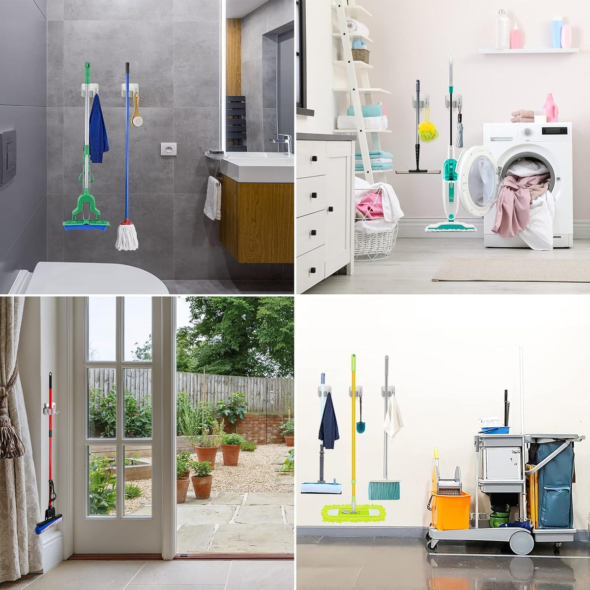 Stainless Steel Broom Holder, Self-Adhesive, 4 Gripper Positions, 4 Hooks, Light and Durable, Easy Installation, Ideal for Organizing Household Items