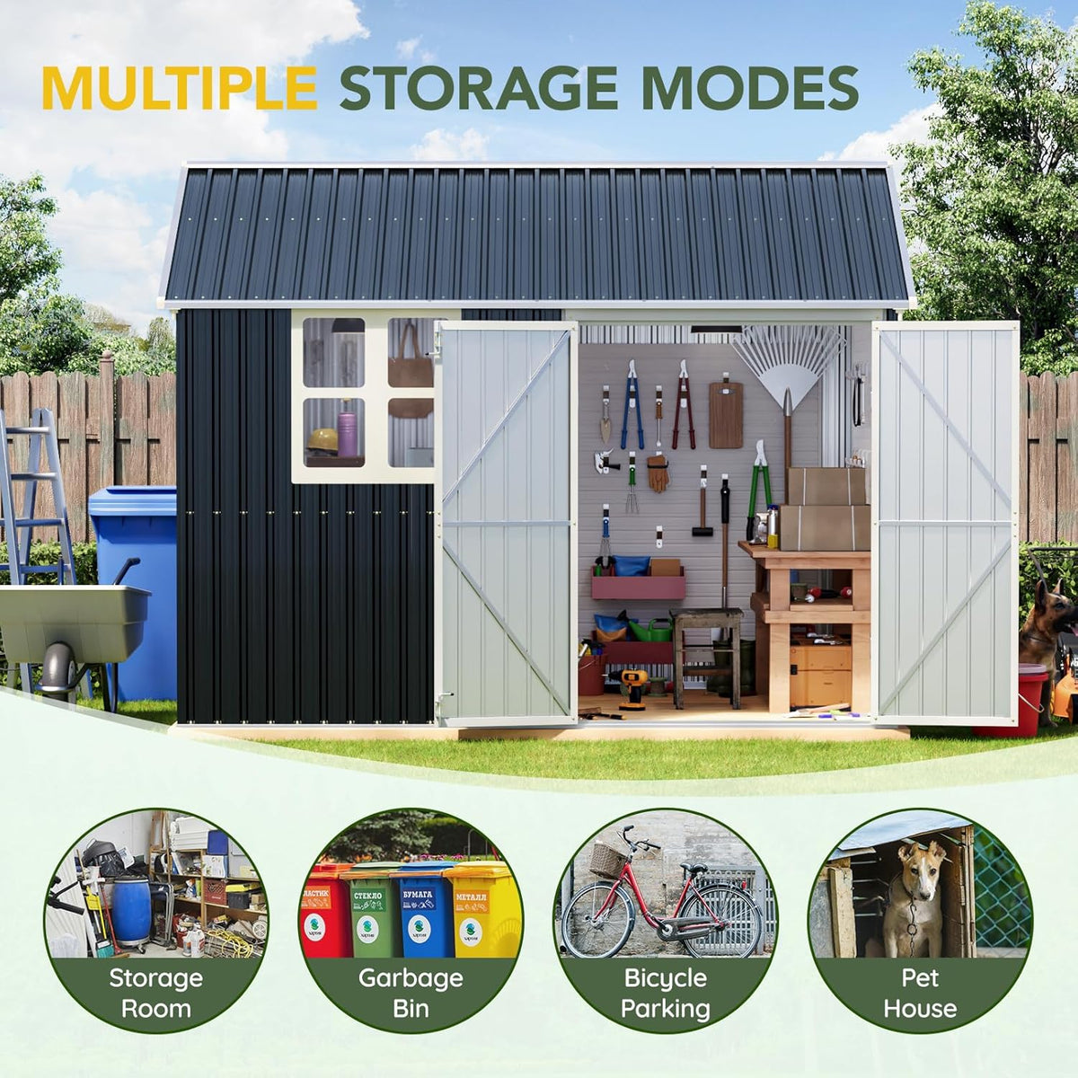 Breezz 8X10FT Outdoor Steel Storage Shed with Clear Window, Lockable Doors, Weather-Resistant Metal Tool Shed for Garden, Backyard, Patio, and Utility Storage.Nightblue
