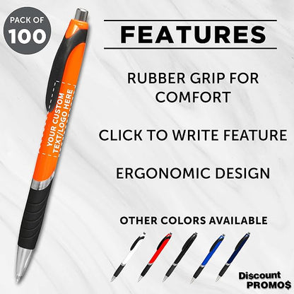 DISCOUNT PROMOS Ballpoint Pens With Rubber Grip - 100 pack - Customizable Text, Logo - Black Ink Ball Point Pen with Soft Touch Plastic - Orange