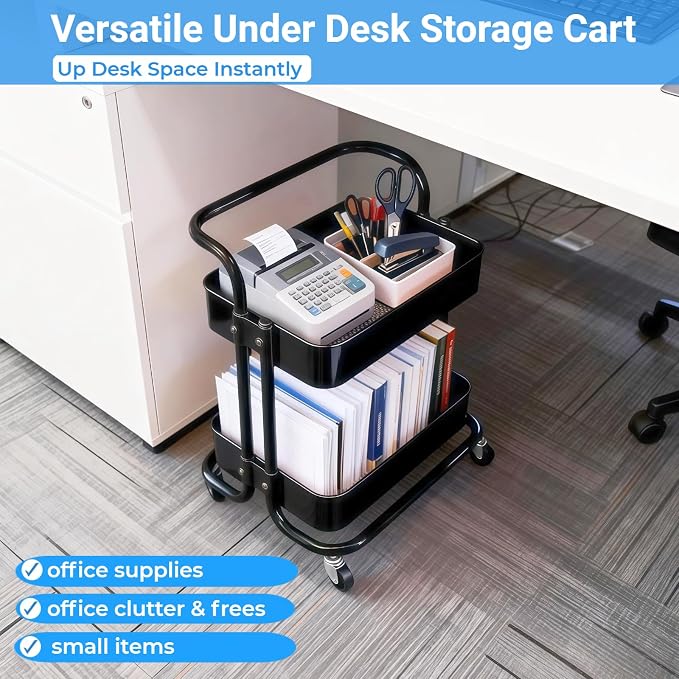2 Tier Rolling Utility Cart with Wheels All-Metal Short Pantry Cart Under Desk Storage Trolley with Handle, Small Rolling Storage Shelf for Small Space Kitchen Laundry Room Bathroom, Black