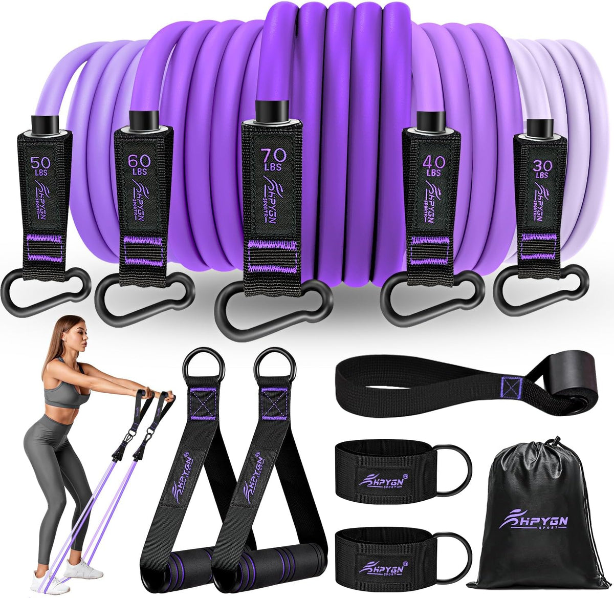HPYGN Resistance Bands, Exercise Bands with Handles, Fitness Bands, Workout Bands with Door Anchor and Ankle Straps, for Heavy Resistance Training, Physical Therapy, Shape Body, Yoga, Home Workout Set