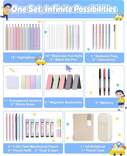 63PCS Stationery Set Aesthetic School Supplies with Pen Case & Notebook