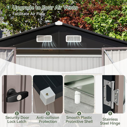 Aoxun 7x5 FT Outdoor Storage Shed with Base Garden Metal Shed with Lockable Door Outdoor Large Shed for Tool, Garbage Can, Bike, Mower, Brown