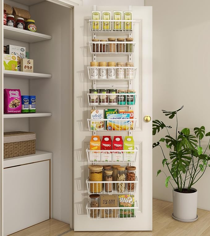 Mefirt White 12 Inch Wide Narrow Over The Door Pantry Organizer, Pantry Organization and Storage, 8-Tier Metal Hanging Deep Basket Wall Spice Rack Seasoning Shelves, Home & Kitchen Essentials